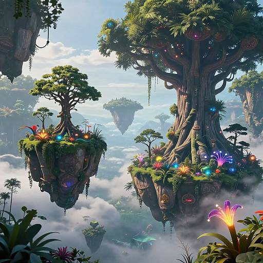Fantasy digital painting of floating, tree-like islands adorned with glowing flowers and vibrant plants, set in a misty, cloudy sky.