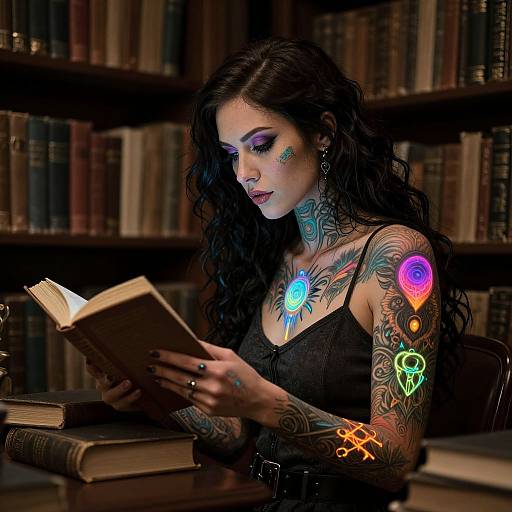 Tattooed woman with glowing neon tattoos reads book in dim library, surrounded by shelves of books, wearing black lace dress.