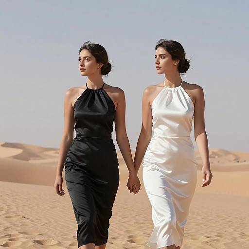 Couple in Satin Dresses in Desert
