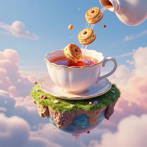 Digital artwork of a floating white teacup with red tea, surrounded by green grass, rising cookies, and a blue sky background.