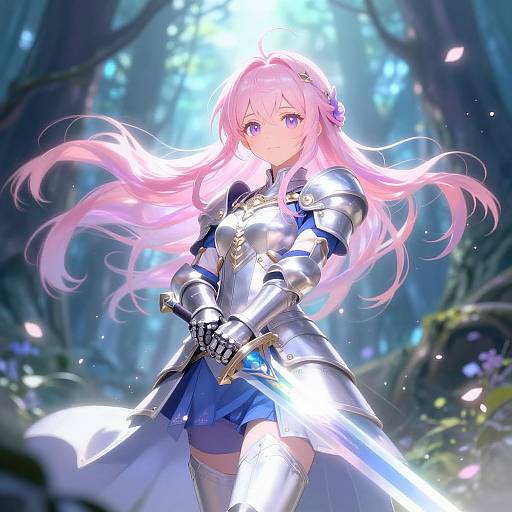 Anime-style digital illustration of a pink-haired, purple-eyed, armored warrior woman with a glowing sword in a mystical forest. Her armor is silver with gold