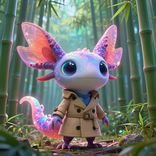 Digital artwork of a cute, glowing, amphibious creature with large blue eyes, pink and purple bioluminescent wings, and a beige trench coat