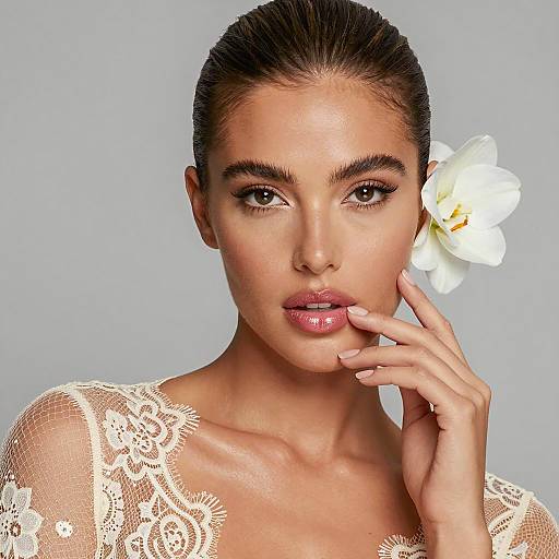 Elegant Woman with White Flower and Lace Top