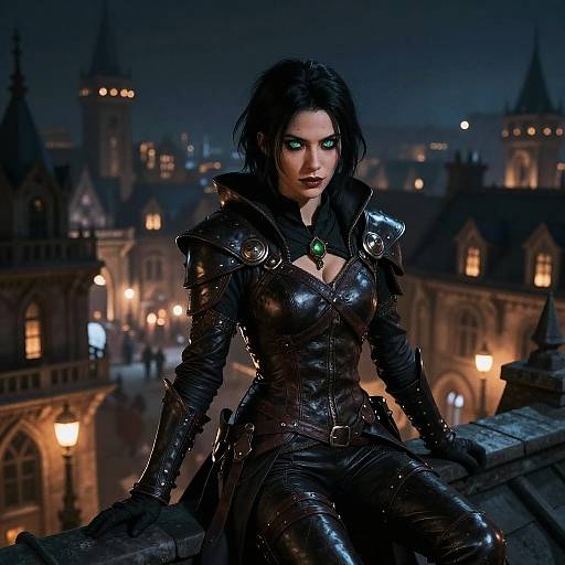 Digital artwork of a dark-haired woman in black, glossy, armored attire with a green gem, sitting on a gothic city rooftop at night, illuminated