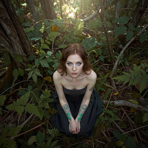Photograph of a pale-skinned, red-haired woman with striking blue eyes, wearing a black strapless dress and green, glittery arm cuffs,