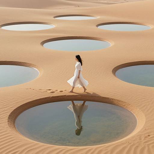 Photorealistic image of a woman in a flowing white dress walking across a sandy desert with circular water pools reflecting her silhouette.
