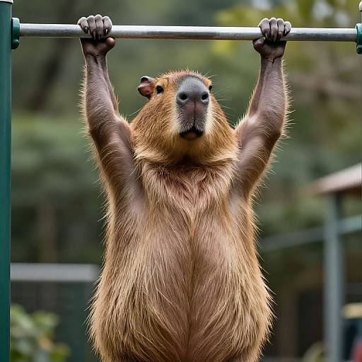 Photograph of a brown tree porcupine hanging from a metal bar, arms stretched upward, with a blurred forest background.