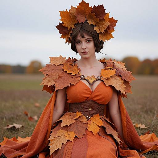 Photograph of a woman in an orange autumn leaf-themed dress, with matching leaf headpiece, seated in a field during fall.