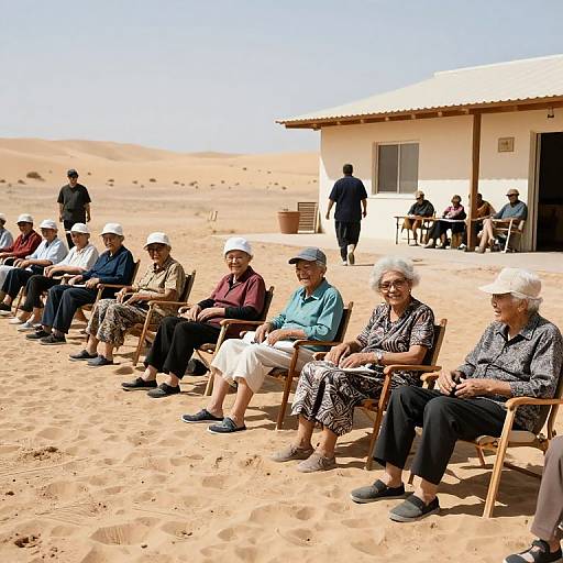 Photograph of elderly African people in desert, sitting in wooden chairs outside white building, wearing casual clothes and hats, with sand dunes in background,