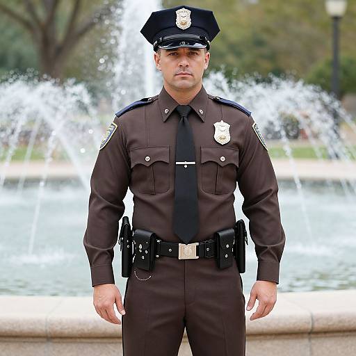 Photograph of a serious, white male police officer in brown uniform with badge, black tie, and hat, standing in front of a water fountain in
