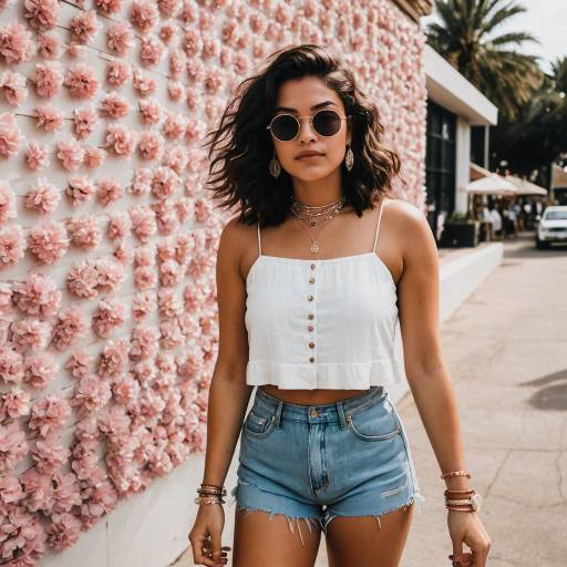 Young Woman in Casual Chic Outfit by Flower Wall