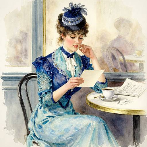 Victorian-style painting of a woman in a blue dress and hat, reading a letter at a small table with a teacup.