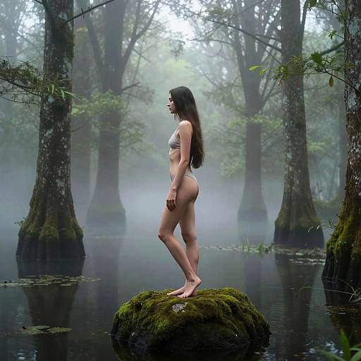 Photograph of a slender woman with long dark hair, wearing white underwear, standing barefoot on a mossy rock in a misty, forested