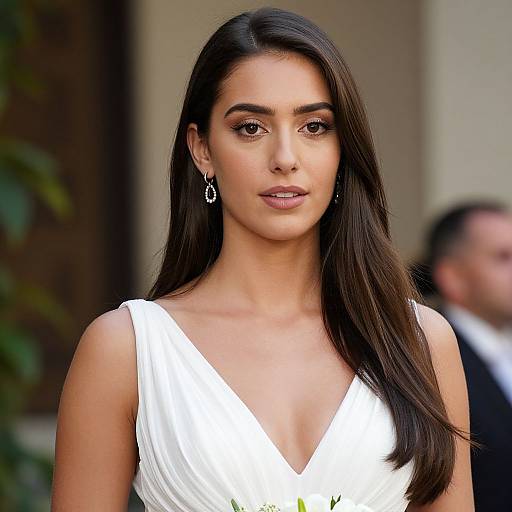 Photograph of a brunette woman with long, straight hair, wearing a white, V-neck dress and silver earrings, standing outdoors. Blurred background includes