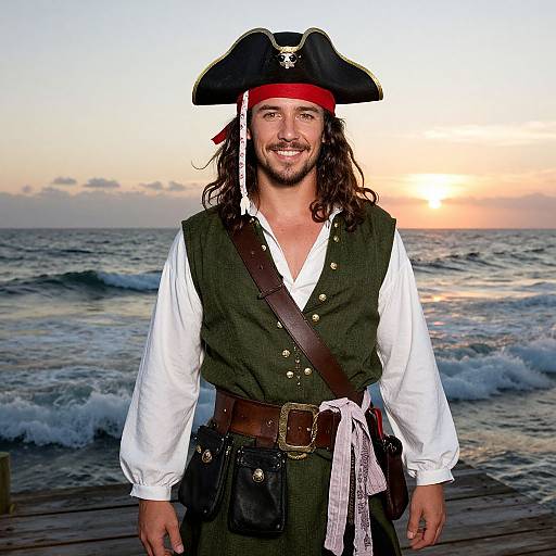 Photograph of a smiling man with long brown hair, wearing a black pirate hat, red bandana, green vest, white shirt, and brown belt