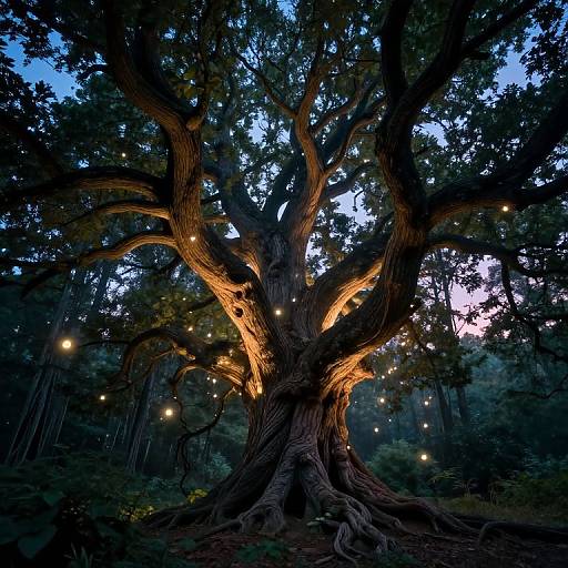 Photograph of a majestic, illuminated tree at dusk, with glowing fairy lights nestled in its thick, twisted branches, set against a dark, misty