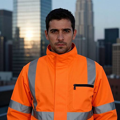 Photograph of a serious-looking man with short dark hair, wearing a bright orange high-visibility jacket with silver stripes, standing in front of a city