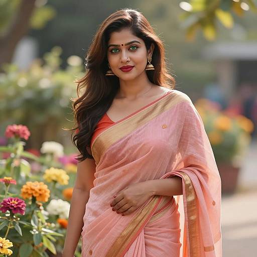 Indian Woman in Light Pink Saree in Flower Garden