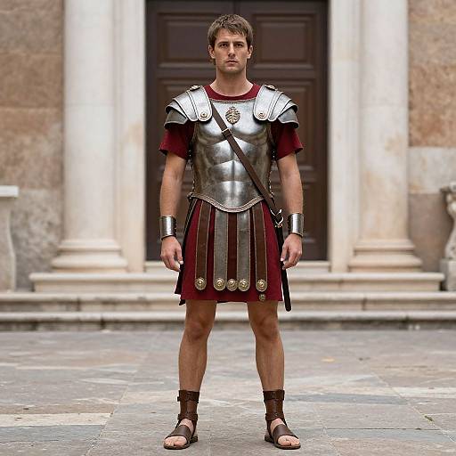 Photograph of a Caucasian man in ancient Roman armor, standing on stone steps, with a serious expression, in front of a dark wooden door.