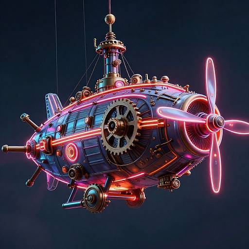 Neon Steampunk Airship in Dark Sky