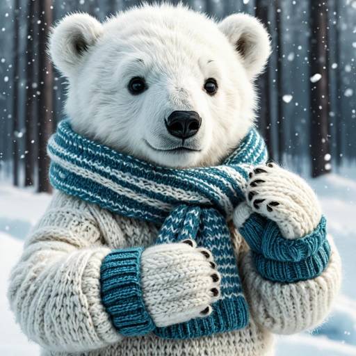 Whimsical Polar Bear Cub in Knitted Scarf and Mittens