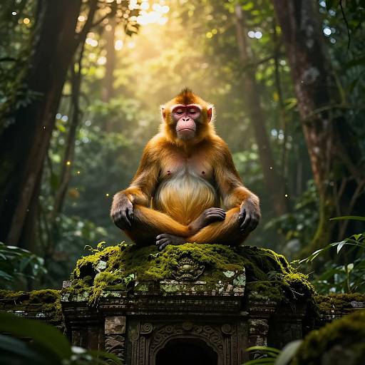 Photograph of a contemplative monkey with orange fur and a white chest, sitting on a moss-covered ancient stone structure in a sunlit, dense forest