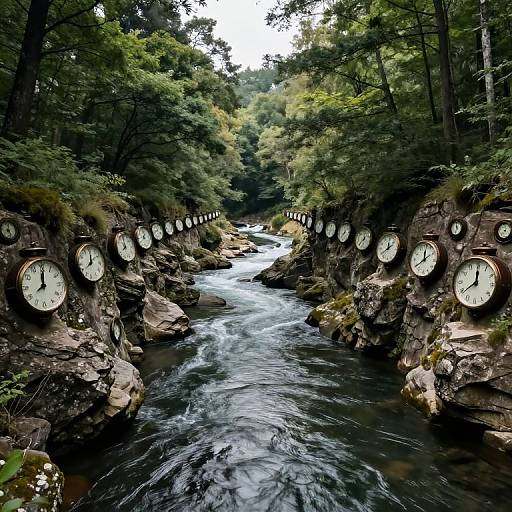 Photograph of a forested river with large, circular clocks embedded in rocky cliffs on both sides, displaying different times as the water flows between them.