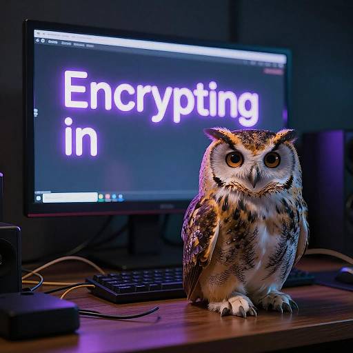 Photograph of a realistic, detailed owl perched on a wooden desk in front of a computer screen displaying 
