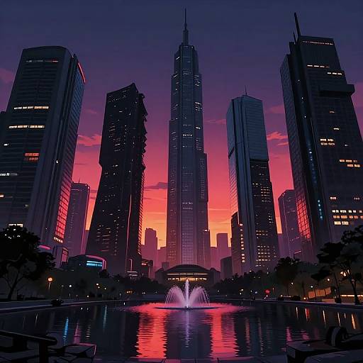 Digital art of a cityscape at sunset, featuring tall, dark skyscrapers silhouetted against a vibrant pink and purple sky. A fountain