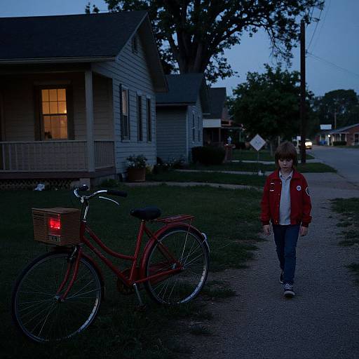 Photograph of a young boy in a red jacket walking past a red bicycle with a red basket on a suburban street at dusk, with a lit house