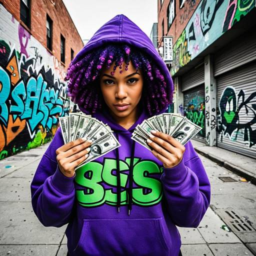 Young Woman with Purple Afro Holding Dollar Bills in Urban Alley