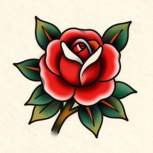 Vibrant digital tattoo-style red rose with white highlights, dark green leaves, and bold black outlines on a white background.