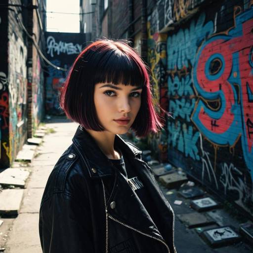 Young Woman with Asymmetrical Bob in Graffiti Alley