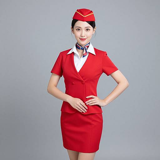 Photograph of an Asian female flight attendant with light skin, wearing a red uniform, white collared shirt, blue tie, red hat, and short