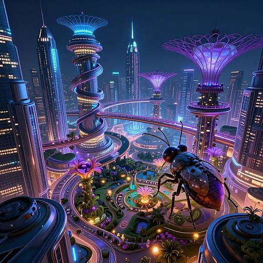 Futuristic cityscape illustration featuring a glowing neon skyline, towering spiral buildings, vibrant flora, and a large, illuminated beetle on a winding road.