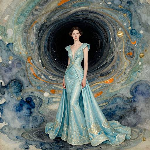 Digital artwork of a fair-skinned woman in a blue, swirling-patterned gown, standing in a cosmic, abstract background with dark, starry center
