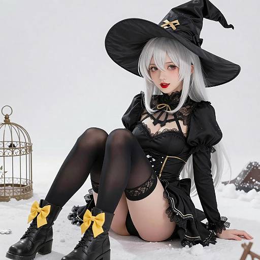 White-Haired Anime Witch Sitting
