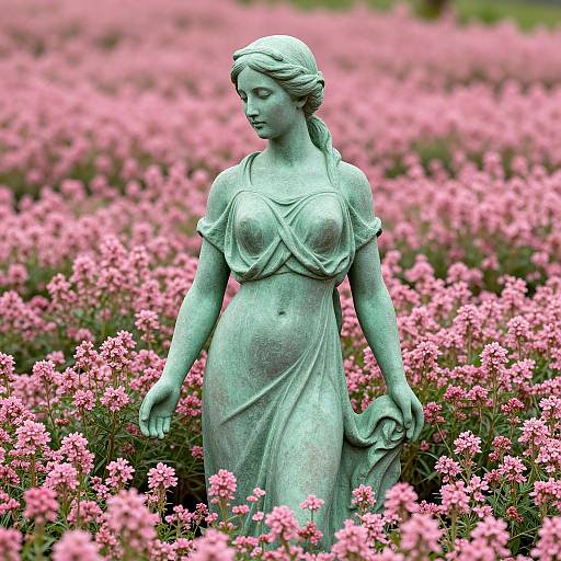 Photograph of a green, classical-style statue of a pregnant woman with a headband, standing in a vibrant pink flower field.