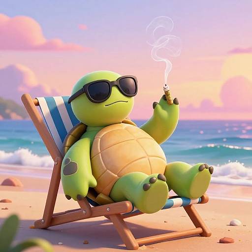 Cartoon green turtle in sunglasses, lounging on a beach chair, smoking a cigarette, with a sunset ocean background. Digital art.