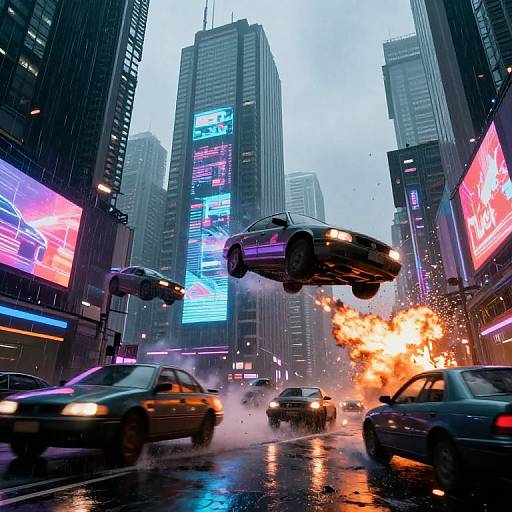 Photograph of a chaotic urban scene: cars flying mid-air, explosion, neon billboards, rain, and dark skyscrapers in a vibrant,