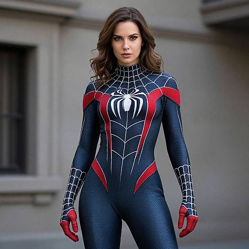 Photograph of a woman with long brown hair in a black Spider-Man suit with red web patterns and white spider emblem, standing outdoors in front of a