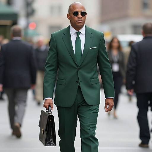 Photograph of a bald, Black man in a dark green suit, white shirt, green tie, sunglasses, and holding a black briefcase, walking