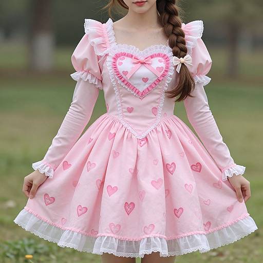 Photograph of a young woman in a pink, heart-patterned, long-sleeve, puffed-sleeve dress with white lace trim and