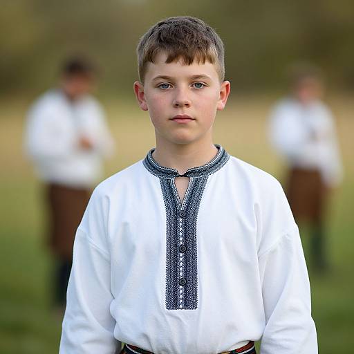 Photograph of a young boy with short brown hair, blue eyes, and fair skin, wearing a white embroidered shirt with a black trim, standing in
