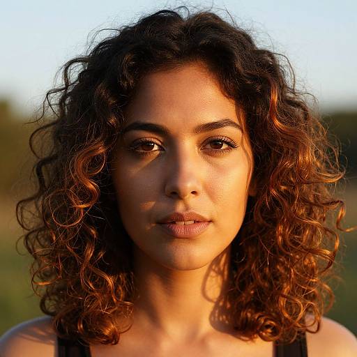 Close-up photograph of a young woman with curly, shoulder-length brown hair, glowing warm skin, and brown eyes, set against a softly lit, blurred