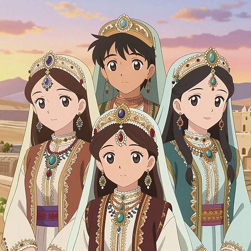 Digital anime-style illustration of four royalty-dressed siblings with large eyes, adorned in detailed, colorful royal attire, set against a sunset desert backdrop.