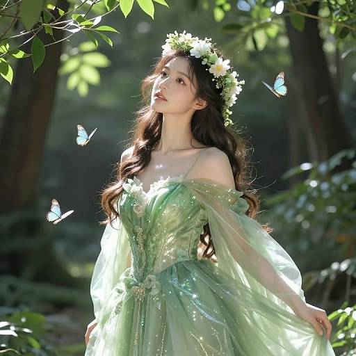 Photograph of a fair-skinned, long-haired woman in a green, off-shoulder, translucent dress, wearing a white flower crown, surrounded