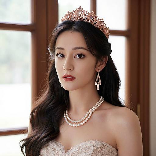 Photograph of an East Asian woman with long black hair, wearing a gold tiara, pearl necklace, and strapless lace dress, standing in front