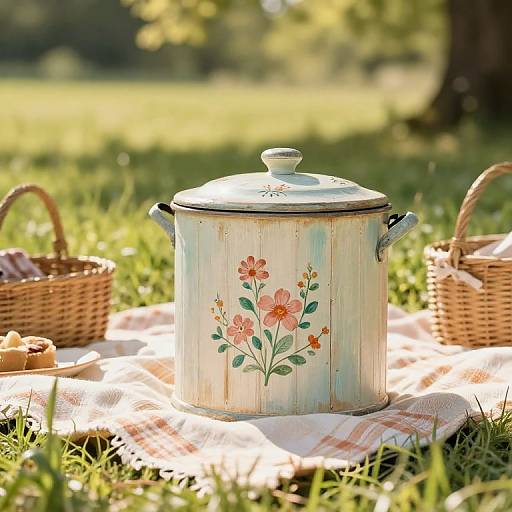 Photograph of a vintage, white enamel pot with floral design, lid on, on a plaid blanket, surrounded by wicker baskets on a sunny