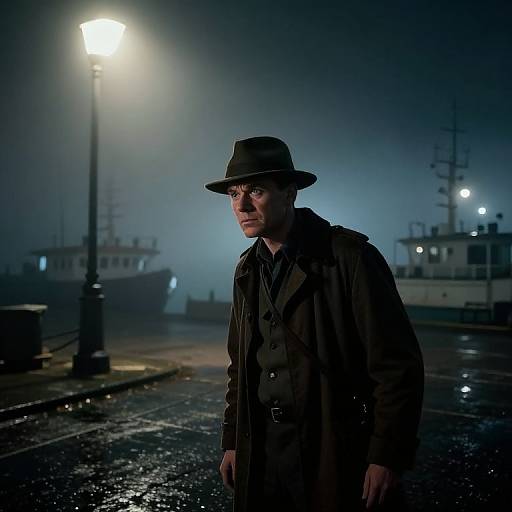 Photograph of a solemn man in a dark trench coat and hat standing on a foggy, wet dock at night, illuminated by a bright streetlamp